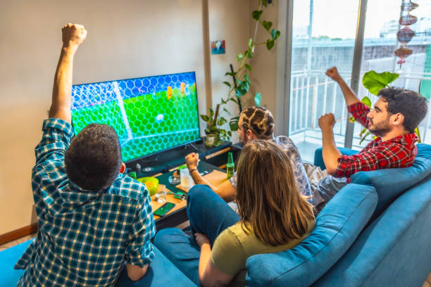 Rear view of friends celebrating victory watching sports on television